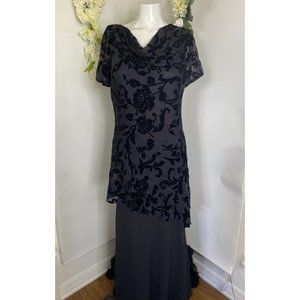 Eva Blue Black Chiffon Overlay Rose Velvet Beaded Long Dress Sz 8 Vintage Formal